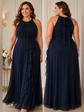 DJ Jaz Navy Chiffon Evening Gown Size 14 NWT Formal Ruffle Maxi Dress